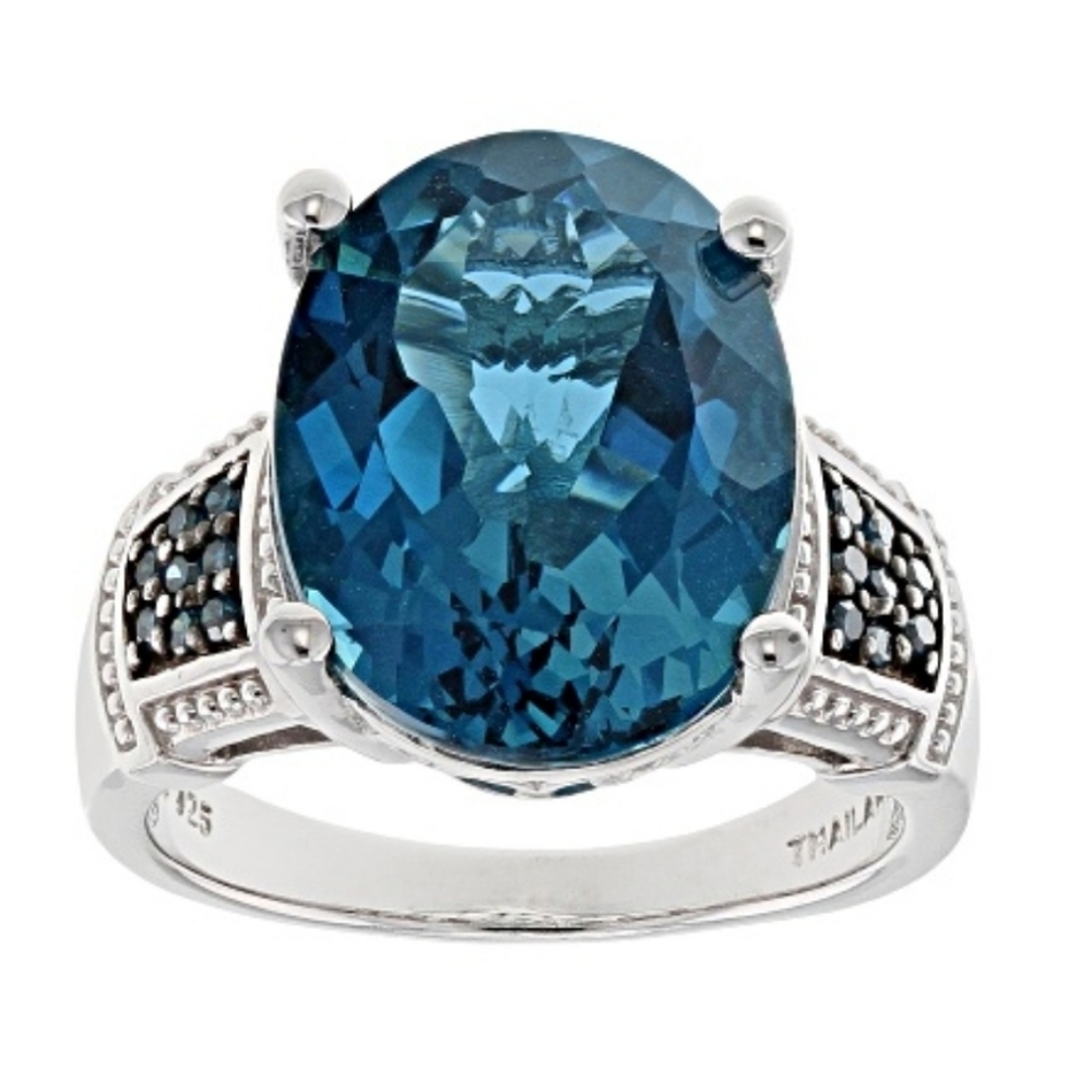 Natural London Blue Topaz & Teal Diamond Ring in Sterling Silver Sz 9! - Picture 3 of 16